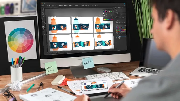 Un graphiste au travail sur un décor de bidon, la maquette affichée à l’écran et le tirage posé sur le bureau